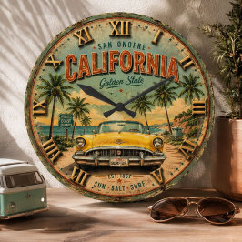 California Golden State Beach Cruiser Vintage Car ラージ壁時計