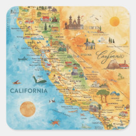 California Illustrated Watercolor Map Art スクエアシール