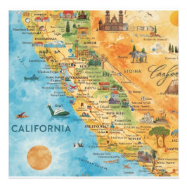 California Illustrated Watercolor Map Art フォトプリント