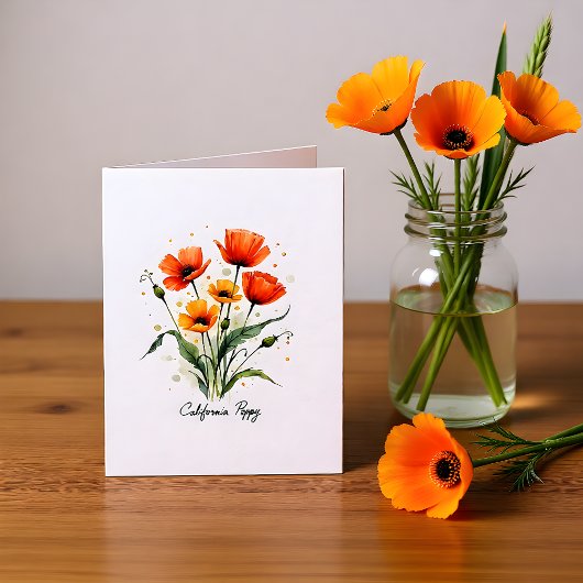 California Poppy Floral Blank Note Card ノートカード