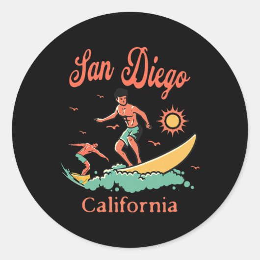 California San Diego Ca Surfer Surfing Beach Vacat ラウンドシール (正面)