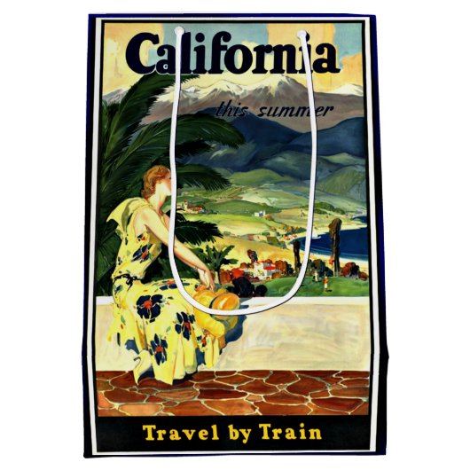 California Travel by Trainヴィンテージ旅行ポスター ミディアムペーパーバッグ (裏面)