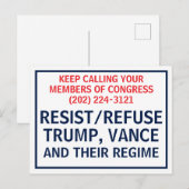 Call Congress Protest Resist Refuse Trump Vance ポストカード (正面/裏面)