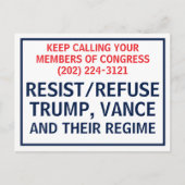 Call Congress Protest Resist Refuse Trump Vance ポストカード (正面)