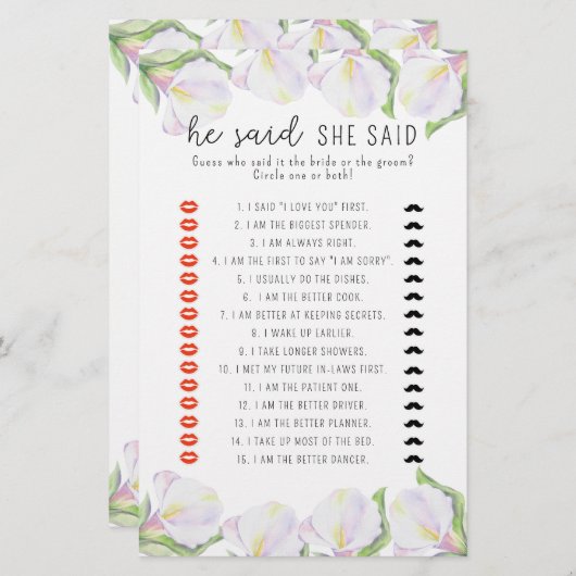 Calla – 彼は彼女はブライダルシャワーゲームを言った (正面/裏面)