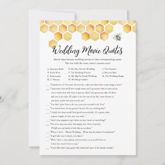 CALLA Beeの映画結婚引用文ブライダルシャワーゲーム 招待状 (正面)