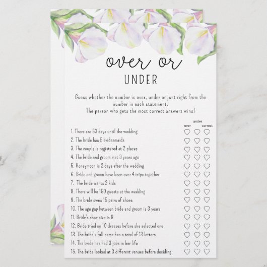 Calla flowers – オーバーまたはアンダーブライダルシャワーゲーム (正面/裏面)