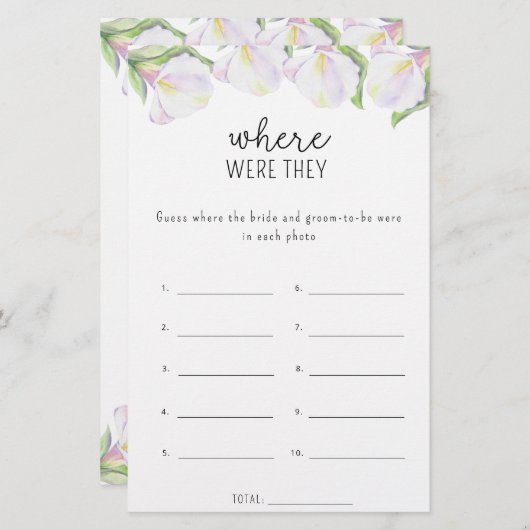 Calla flowers – 彼らはどこにいたブライダルシャワーゲーム (正面/裏面)