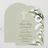 Calla Lilies on Sage Green Arch First Communion 招待状 (正面/裏面)