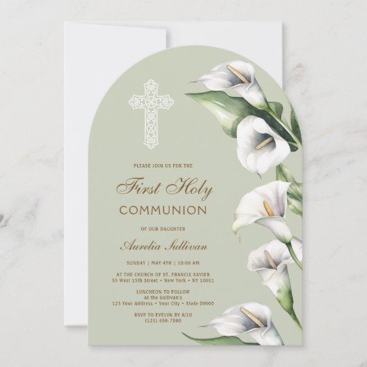 Calla Lilies on Sage Green Arch First Communion 招待状 (正面)