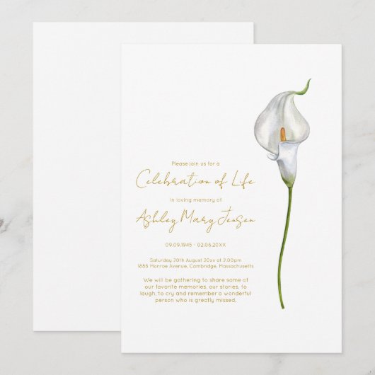 Calla Lily Celebration of Life Funeral 招待状 (正面/裏面)