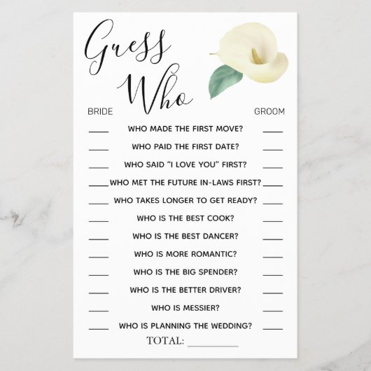 Calla Lily Guess誰のブライダルシャワーゲームカード チラシ (正面)