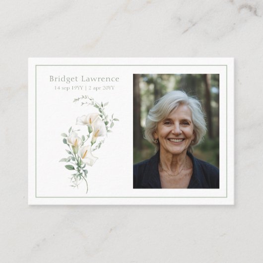 Calla Lily Sage Green Memorial Photo Prayer Card 名刺 (正面)