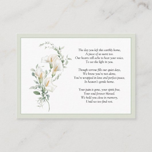 Calla Lily Sage Green Memorial Photo Prayer Card 名刺 (裏面)