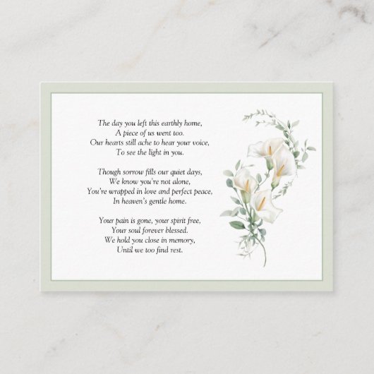 Calla Lily Sage Green Memorial Photo Prayer Card 名刺 (裏面)