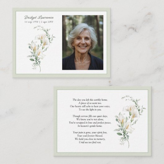 Calla Lily Sage Green Memorial Photo Prayer Card 名刺 (正面/裏面)