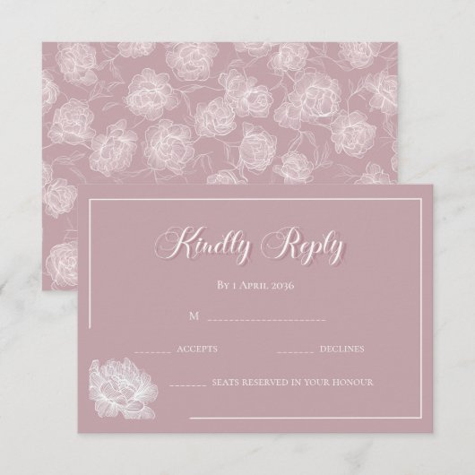 Calligraphy Blush Pink White Floral Wedding  出欠カード (正面/裏面)