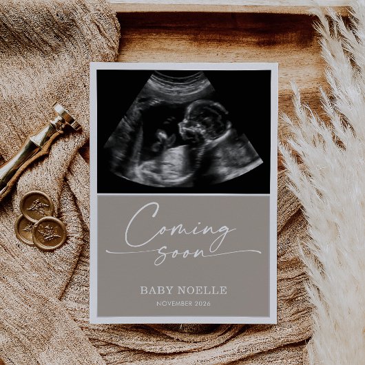 Calligraphy Chic Taupe Coming Soon Pregnancy Card 招待状