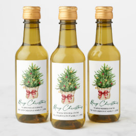 Calligraphy Christmas Watercolor Pine Red Bow Mini ワインラベル