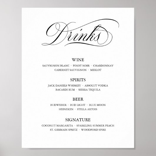 Calligraphy Classic Elegant Wedding Bar Menu Sign ポスター (正面)
