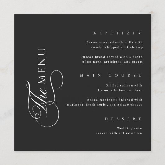 Calligraphy Elegant Square Black Wedding Menu メニュー (正面)