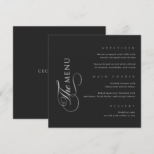 Calligraphy Elegant Square Black Wedding Menu メニュー (正面/裏面)