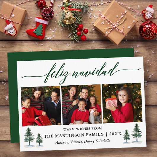 Calligraphy Feliz Navidad Pine Trees 3 Photo Green シーズンカード