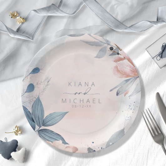 Calligraphy Floral Wedding Dusty Blue ID771 ペーパープレート