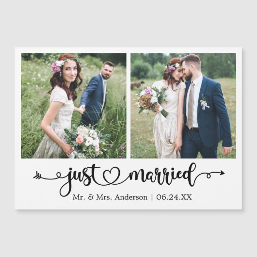 Calligraphy Heart Just Married 2 Photo Magnet Card (正面)