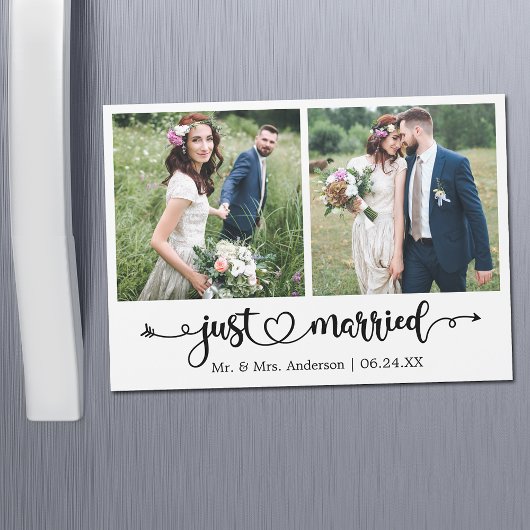 Calligraphy Heart Just Married 2 Photo Magnet Card