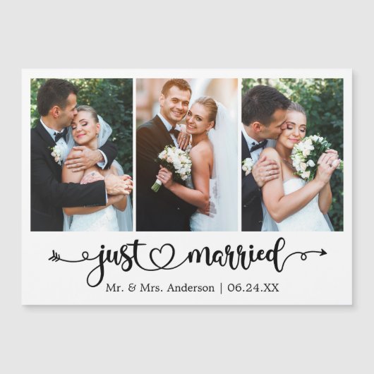 Calligraphy Heart Just Married 3 Photo Magnet Card (正面)
