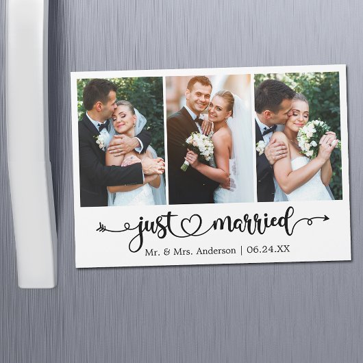 Calligraphy Heart Just Married 3 Photo Magnet Card