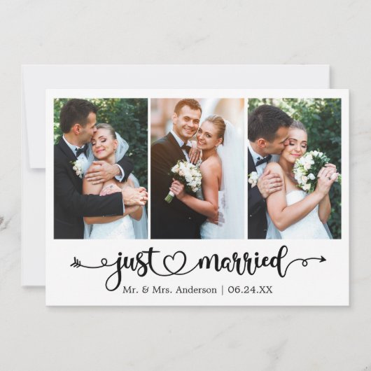 Calligraphy Heart Just Married 3 Photo Wedding 案内状 (正面)