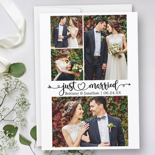 Calligraphy Heart Just Married 4 Photo Wedding 案内状