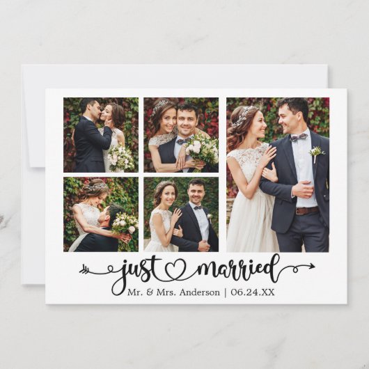 Calligraphy Heart Just Married 5 Photos Wedding 案内状 (正面)