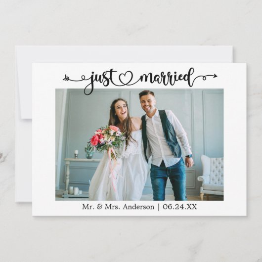 Calligraphy Heart Just Married Photo Wedding 案内状 (正面)