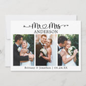 Calligraphy Heart Mr. and Mrs. 3 Photo Wedding サンキューカード (正面)