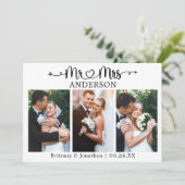 Calligraphy Heart Mr. and Mrs. 3 Photo Wedding サンキューカード (スタンド正面)