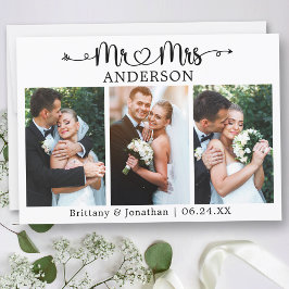 Calligraphy Heart Mr. and Mrs. 3 Photo Wedding サンキューカード