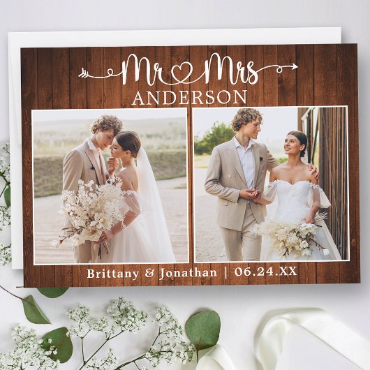 Calligraphy Heart Mr. Mrs. 2 Photo Wedding Wood サンキューカード