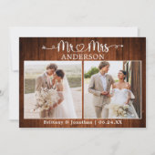 Calligraphy Heart Mr. Mrs. 2 Photo Wedding Wood サンキューカード (正面)