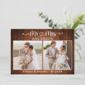 Calligraphy Heart Mr. Mrs. 2 Photo Wedding Wood サンキューカード (スタンド正面)