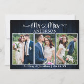 Calligraphy Heart Mr. Mrs. Blue Wood Wedding サンキューカード (正面)