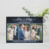 Calligraphy Heart Mr. Mrs. Blue Wood Wedding サンキューカード (スタンド正面)