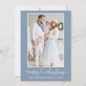 Calligraphy Heart Photo Merry Christmas Dusty Blue シーズンカード (正面)