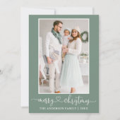 Calligraphy Heart Photo Merry Christmas Sage Green シーズンカード (正面)