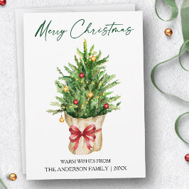 Calligraphy Ink Christmas Watercolor Pine Red Bow シーズンカード