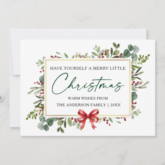 Calligraphy Ink Watercolor Greenery Red Bow シーズンカード (正面)