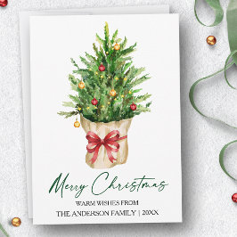 Calligraphy Ink Watercolor Pine Christmas Red Bow シーズンカード