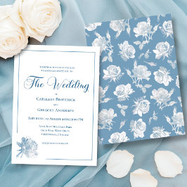 Calligraphy Line Art Dusty Blue Floral Wedding 招待状